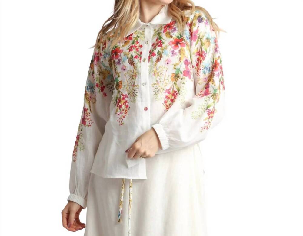 NEW BEULAH floral printed linen button up shirt in white